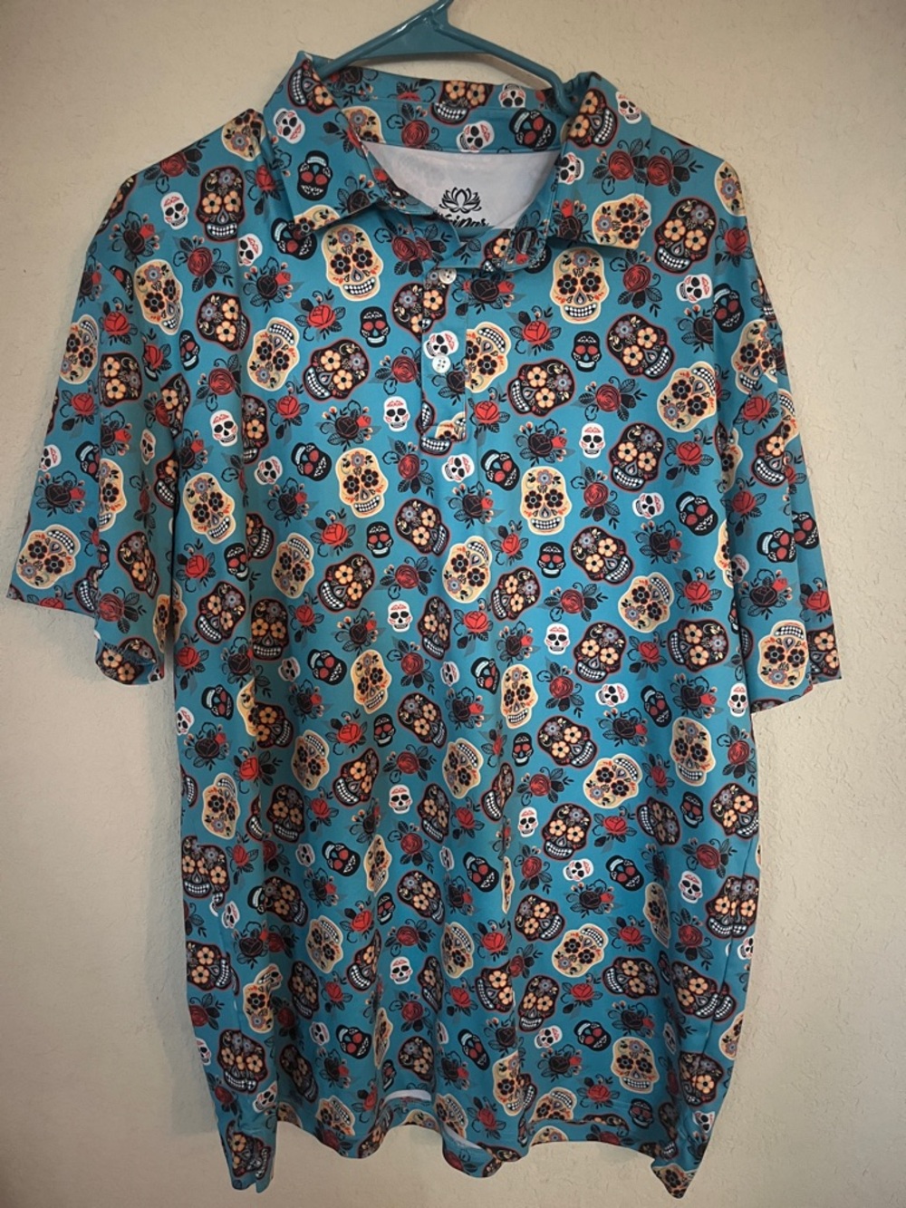 Men's Turquoise Short Sleeve Skull Print Polo